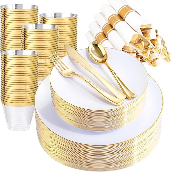 Rubtlamp 140Pcs Gold Plastic Plates, White Plates with Gold Rim, Disposable Dinnerware Include 20Dinner Platos,20Dessert Platos,20Pre Rolled Napkins with Cutlery,20 Cups