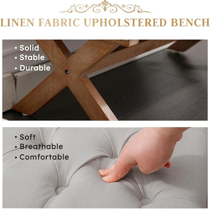 Bonzy Home 36" Tufted Entryway Bench with Storage,French Vintage Bedroom Bench with X-Shaped Legs, Linen Fabric Storage Ottoman Bench for Bedroom Dining Room Living Room Entryway, Gray