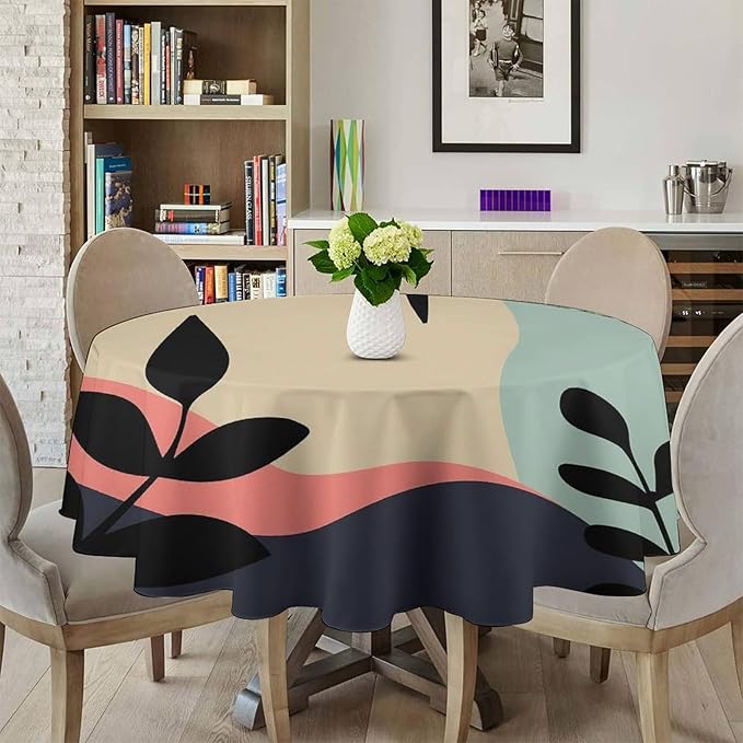 Medieval Bohemian Abstract Round Tablecloth, Mid Century Modern Leaves Geometric Tablecloth for Home Party Dining Room Kitchen Decor 36Inch(90cm)
