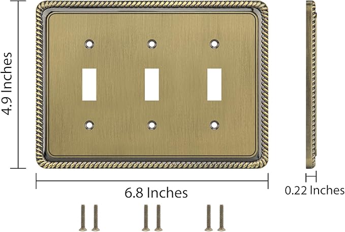Henne Bery Rope Edge Decorative Wall Plate Switch Plate Outlet Cover (Triple Toggle, Antique Brass)