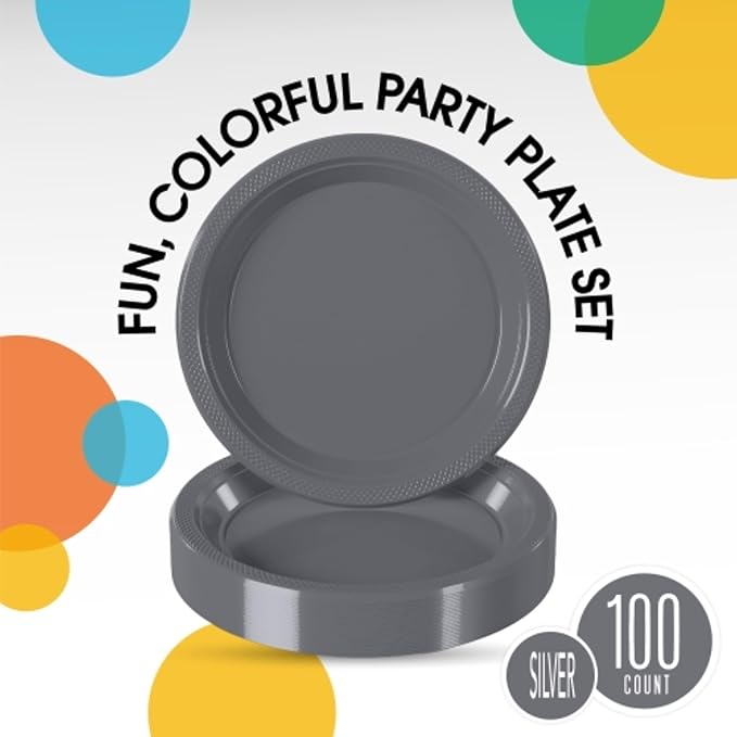 Silver Plastic Plates For Party 9" Silver Disposable Plates Heavy Duty 100 Pcs Plastic Dinnerware Sets Heavy Duty 350 GSM Disposable Dinnerware Set