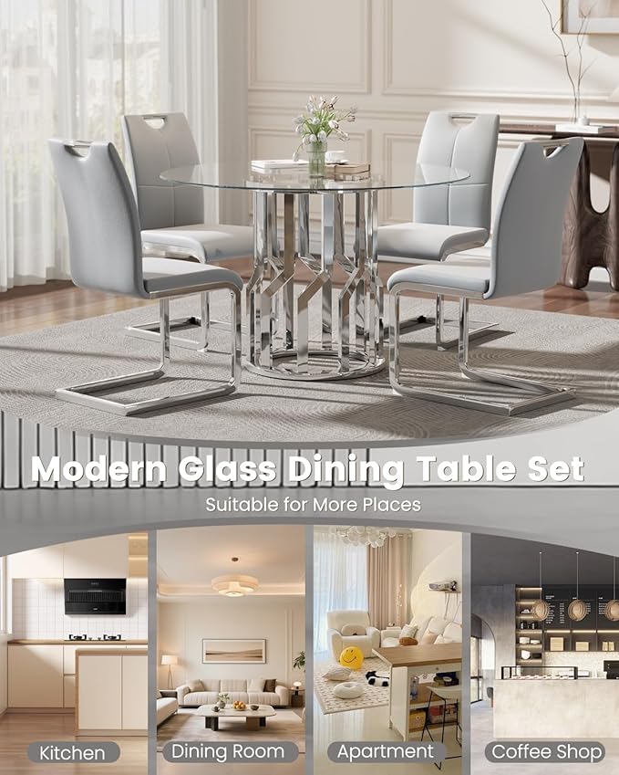 38.9" Round Glass Dining Table Set for 4, Modern 5 Piece Kitchen Table Set with Silver Stainless Steel Base & 4 PU Leather Accent Chairs, Saving Space, Dining Set for Apartment, Home - Grey Chair
