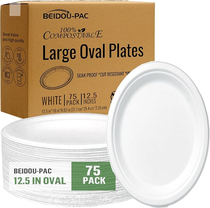 Compostable Heavy Duty Disposable Oval Paper Plates, 75 Count | 12.5 Inch | Natural Bagasse, Biodegradable Eco-Friendly Sugarcane BBQ, Party, Gathering, Picnic White Sugarcane Tray