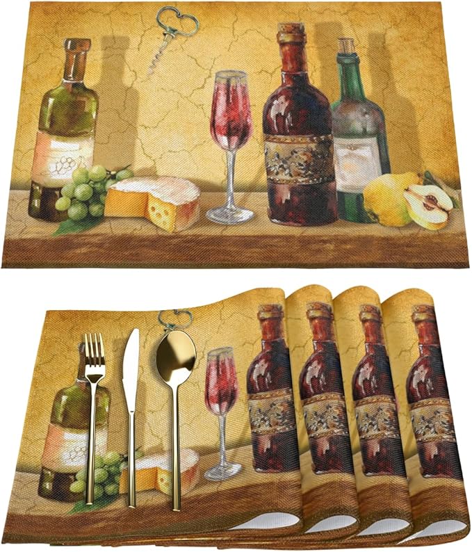 Wine Grapes Placemats Set of 4, Washable Elegant Vintage Placemats, Non-Slip Table Rectangle Linen Place Mats for Kitchen Dining Party Home Indoor Table Decor, Present for Wine Enthusiasts