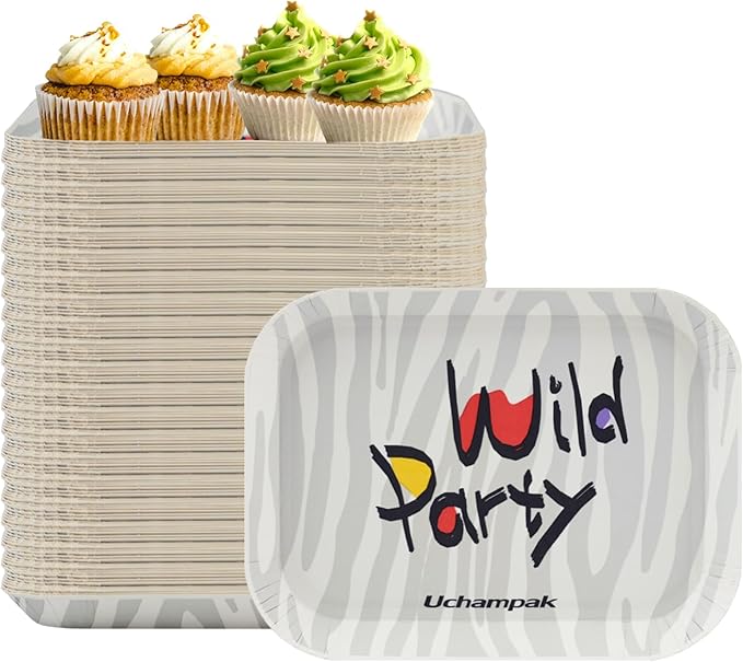 50 Pack 6.5 Inch Rectangle Paper Plates, Heavy Duty Disposable Plates Decorative Plates Party Plate Food Trays for Tacos, Dessert, Snack, Salad, Pasta, Camping Picnic Party (Zebra Stripe)