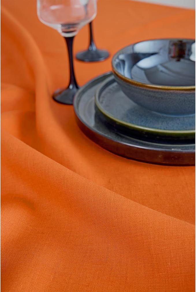 Solino Home Linen Tablecloth 60 x 120 Inch - 100% Pure Linen Persimmon Orange Table Cloth for Rectangle Tables - Fete, Machine Washable Tablecloth for Spring, Easter