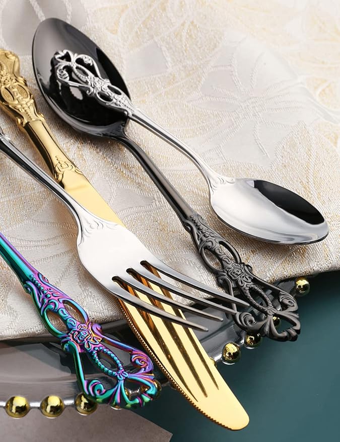 Gold Silverware Set for 12 Stainless Steel Flatware Set Palace Style Hollow Relief Decoration 48 Piece Cutlery Utensils Include Knives Forks and Spoons Tableware Set for Home Kitchen Restaurant Party