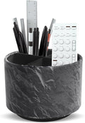 Hennaja Round Leather Art Supply Organizer,Remote Control Holder,360 Degree Spinning,Multi-Functional Pencil Holder,4 Compartments Desktop Stationary Organizer(1-Hill Black)