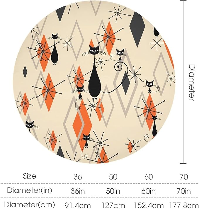 Retro Boho Modern Black Cat Round Tablecloth, Mid Century Boho Moon Abstract Geometric Leaf 50s 60s Style Tablecloth for Home Party Dining Room Kitchen Decor 36Inch(90cm)