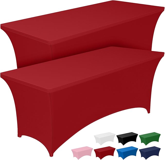 Pureegg Spandex Tablecloth 6ft - 2 Pack, Fitted and Tight Cloth for Rectangle Table, Wrinkle-Free and Stretch Table Cover for Party, Wedding, Banquet and Birthday, Red