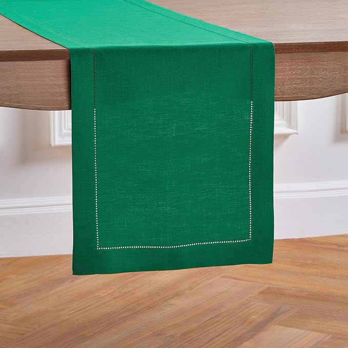 Solino Home Linen Table Runner 90 Inches Long - 100% Pure Linen Emerald Green Table Runner 14 x 90 Inch for St Patricks Day - Classic Hemstitch