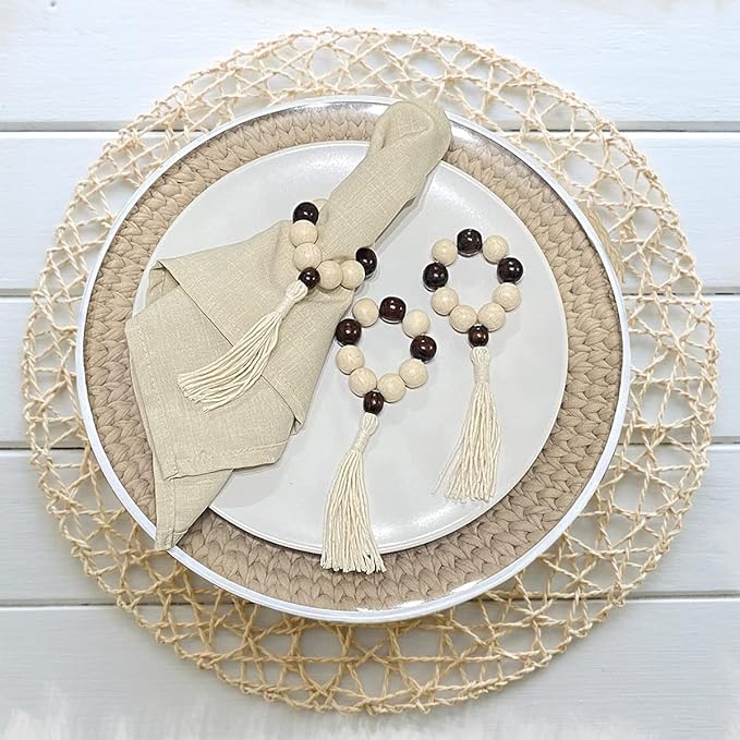Napkin Rings Set of 6 - Wooden Beads Napkin Rings | Rustic Wooden Napkin Ring Holder for Table Decoration | Handmade LEBEJUA Napkin Ring with Wood Beads & Tassels - Farmhouse Napkin Holder Boho Style