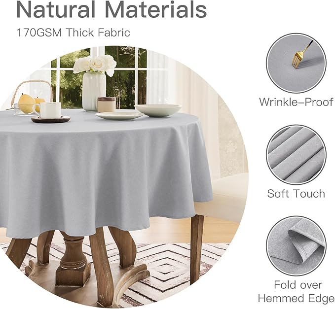 Tablecloth Linen Textured Waterproof & Stain Resistant Table Cloth Wrinkle Free Decorative Fabric Farmhouse Table Cover for Dining/Party/Buffet/Wedding, 60 x 60 Inch, Light Grey