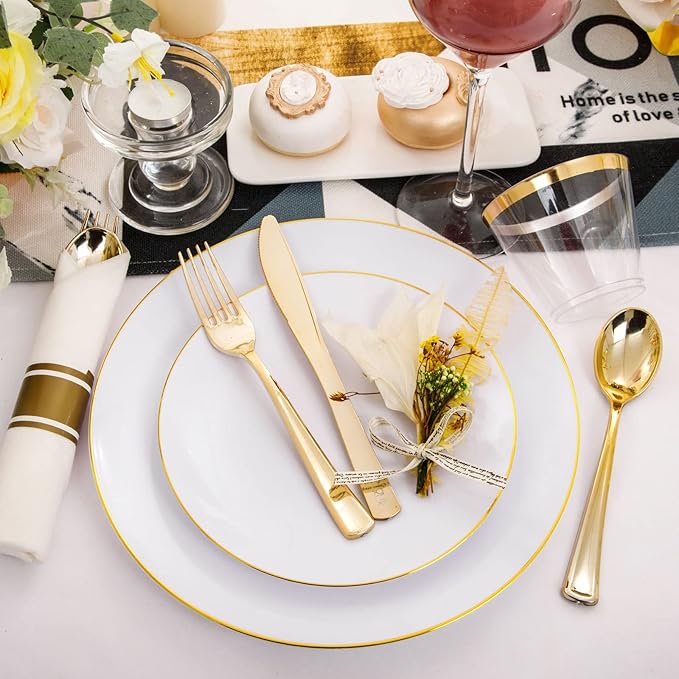 Rubtlamp 140Pcs Gold Plastic Plates, White Plates with Gold Rim, Disposable Dinnerware Include 20Dinner Platos,20Dessert Platos,20Pre Rolled Napkins with Cutlery,20 Cups