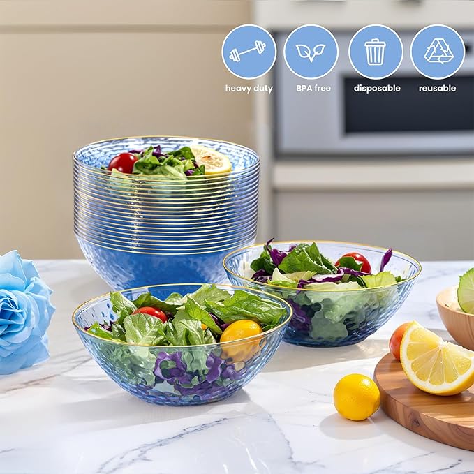 Rubtlamp 30 Pack Blue Disposable Bowls, Clear Plastic Bowls with Gold Rim, 12-16oz Premium Heavy Duty Plastic Dinner Bowls for Party, Wedding and Holiday