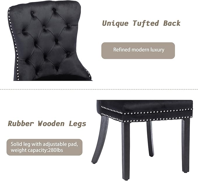 KCC Velvet Dining Chairs Set of 6, Upholstered High-end Tufted Dining Room Chair with Nailhead Back Ring Pull Trim Solid Wood Legs, Nikki Collection Modern Style for Kitchen, Black