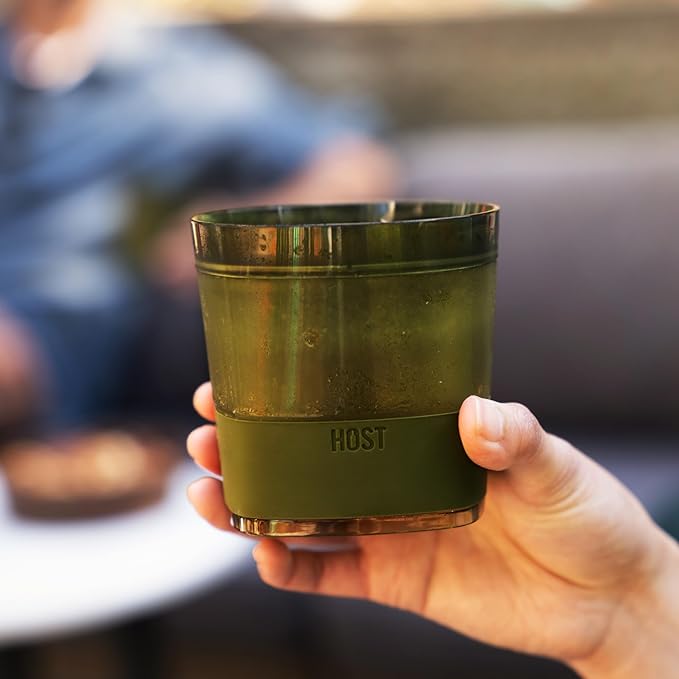 Host Whiskey Freeze Glasses, Double Old Fashioned Glasses, Chill Without Dilution for Bourbon, Vodka, Cold Brew Cocktails, Bourbon Gifts for Men, Gifts for Dad, Home Bar, 9 oz, Set of 2, Olive Green
