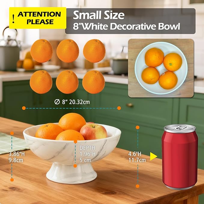 Accessoryway White Marble Texture Pedestal Decorative Bowl - Minimalist Decorative Fruit Bowl for Kitchen Counter, Entryway,Multi-Purpose Centerpiece bowl for Bread, Snacks, Candy-8"
