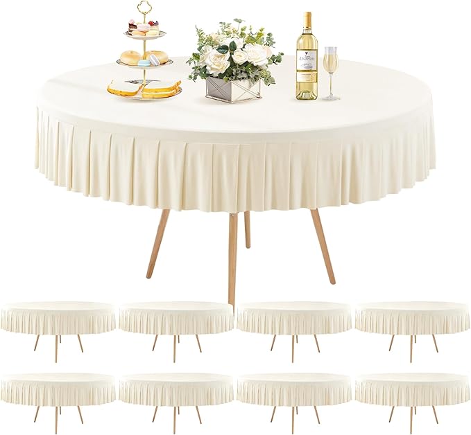 8 Pack Ivory Spandex Round Tablecloths for 72in Table, Stretchy Fitted 6FT Round Table Cloths, Wrinkle Free Table Cover with Skirt for Wedding Birthday Party Bridal Shower Banquet