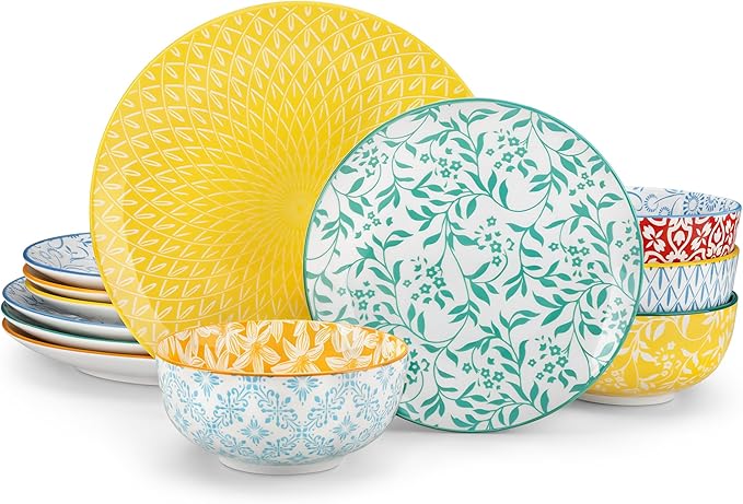 vancasso SELENE Plates and Bowls Set for 4, 12 Pieces Dinnerware Sets, Mircowave and Dishwasher Safe Dishes Set, Porcelain Pastel Dinnerware