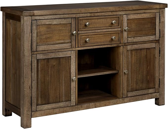Signature Design by Ashley Moriville Vintage Casual Dining Room Buffet or Server with 4 Cabinets & Center Display Shelf, 2 Drawers, Wood, 56" Wide, Brown