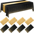 Breling 8 Pack New Year Black and Gold Disposable Plastic Tablecloths and Satin Table Runner Set, 54 x 108 Inch Tablecloth, 12 x 108 Inch Table Runners for Wedding Graduation Birthday Baby Shower