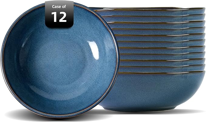 Organic Shape Highland Ceramic Serving Bowl, 12pcs 9 Inch Handmade Reactive Glaze Stoneware 40oz Bowl with Wavy Edge, for Kitchen, Microwave & Dishwasher Safe, Scratch Resistant-Blue