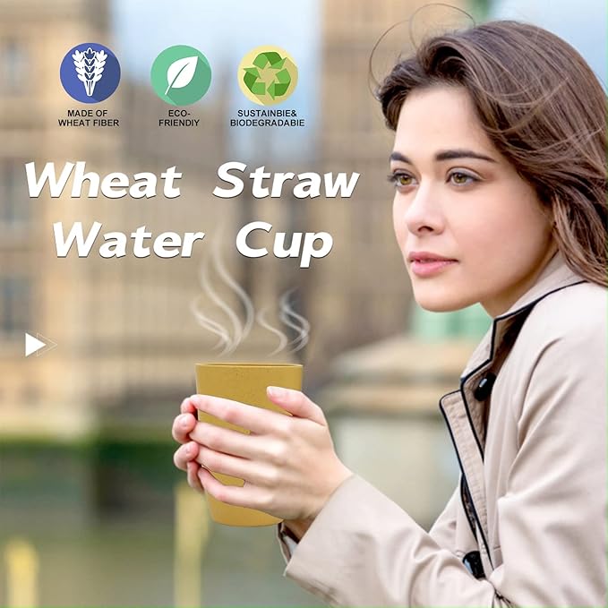 Wheat Straw Cups 6 PCS Good Alternative to Plastic Reusable Cups 12 oz Unbreakable Drinking Cup Reusable Dishwasher Safe Water Plastic Glasses Yellow