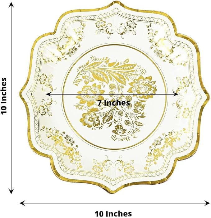 50 Pack 10" White Gold French Toile Dinner Plates, Disposable Round Paper Party Plates 300 GSM for Festive Table Decoration