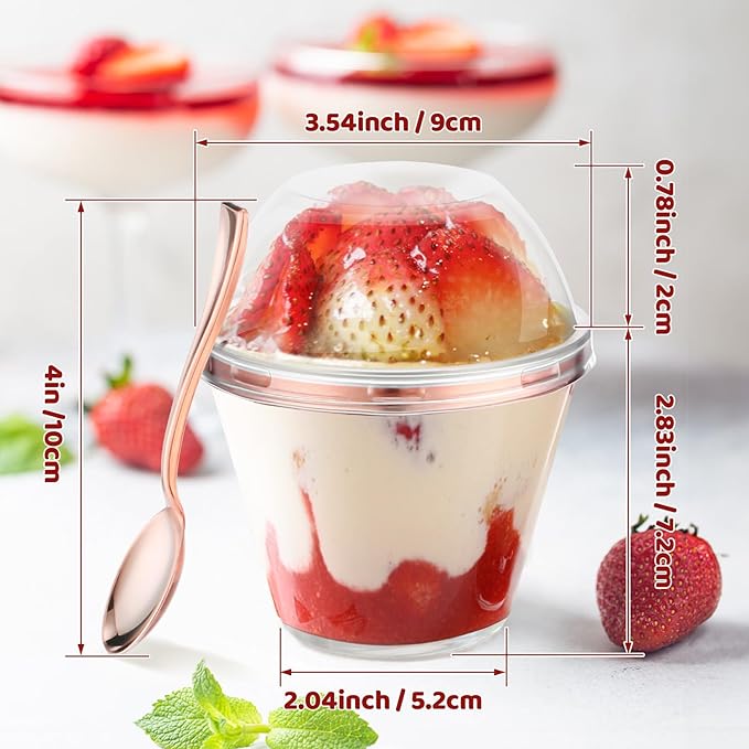 Jinei 50 Sets 9 oz Rose Gold Plastic Dessert Cups with Dome Lids Spoons Rimmed Clear Disposable Plastic Fruit Cups with Lids for Yogurt Parfait Pudding Cupcake Ice Cream Party Wedding Reception