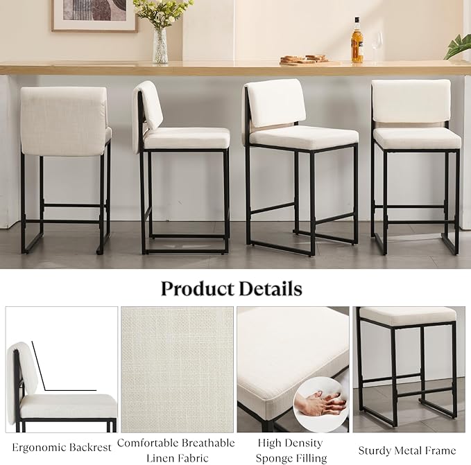 Modern Barstools Set of 4, 26” Upholstered Counter Height Bar Stools Sherpa Fabric Counter Stools with Padded Back Metal Frame for Kitchen Island Dining Room, White