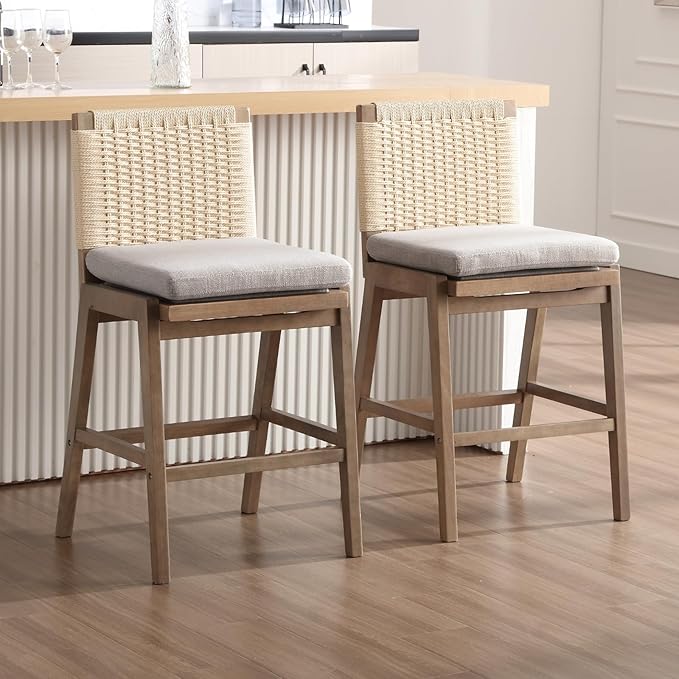 Mid Century Modern Counter Height Barstools Set of 6, 27” Linen Upholstered Counter Stools with Rope Woven Back Wooden Farmhouse Bar Stools for Kitchen Island Dining Room,Grey