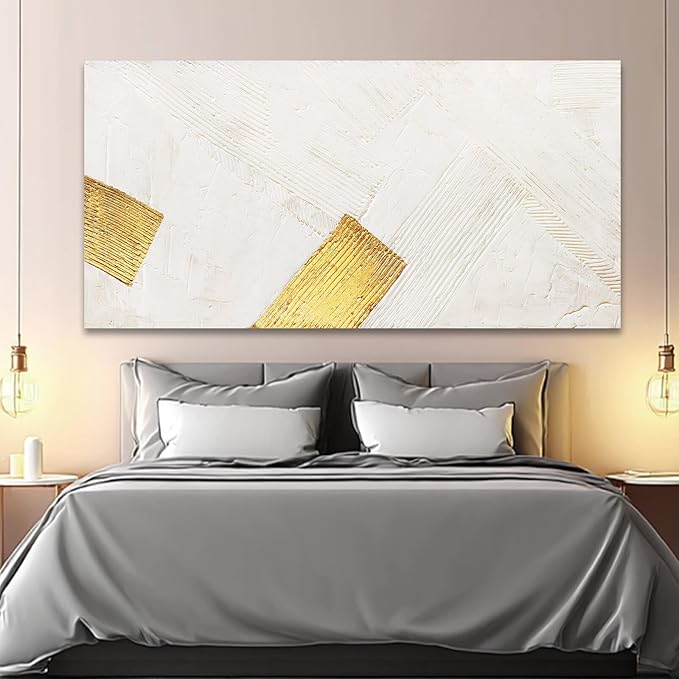 YJYart White Wall Art Hand Paintings Wall Decor Gold Pictures Abstract Canvas Arts 24"x48" for Living Room Dinning Room
