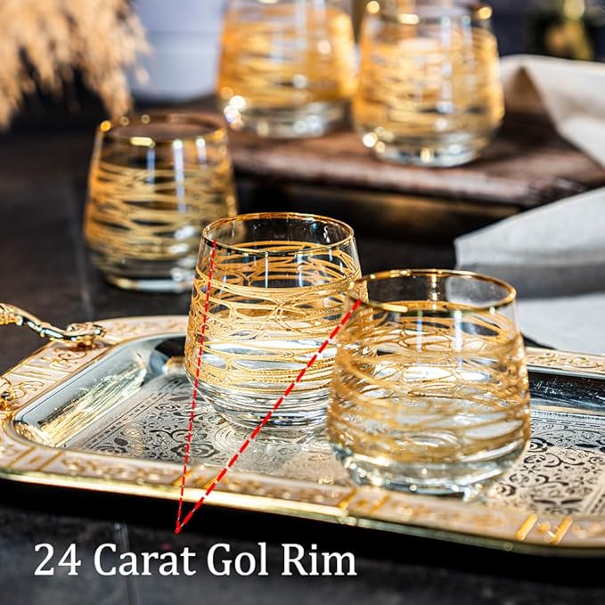 Gold Rim Cocktail Juice Water Wine Whiskey Drinking Glasses Set of 6 Glassware Rimmed Trim Crystal Cups Drinkware Drink Bar Fancy Party Wedding Decorative Style