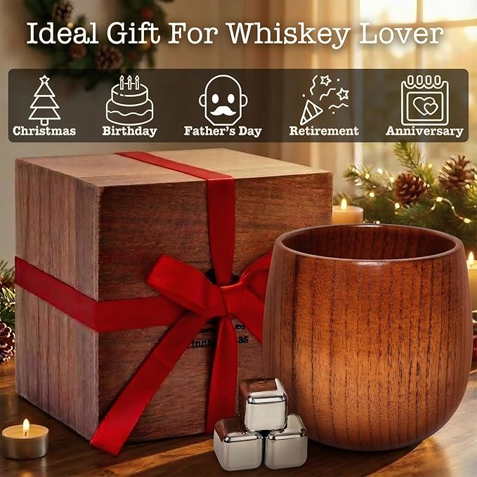Wooden Whiskey Glasses Set of 2 – Durable Bourbon Glass for Men, Insulated Old Fashioned Glass – Whiskey Gifts for Husband, Dad, Brother – Birthday, Christmas, Father’s Day, Retirement