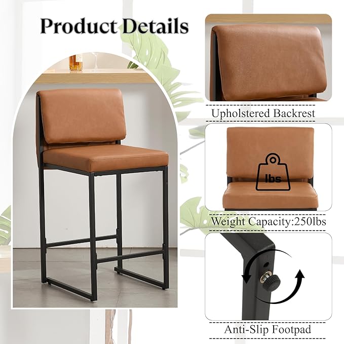 Modern Barstools Set of 4, 26” Upholstered Counter Height Bar Stools PU Leather Fabric Counter Stools with Padded Back Metal Frame for Kitchen Island Dining Room, Brown