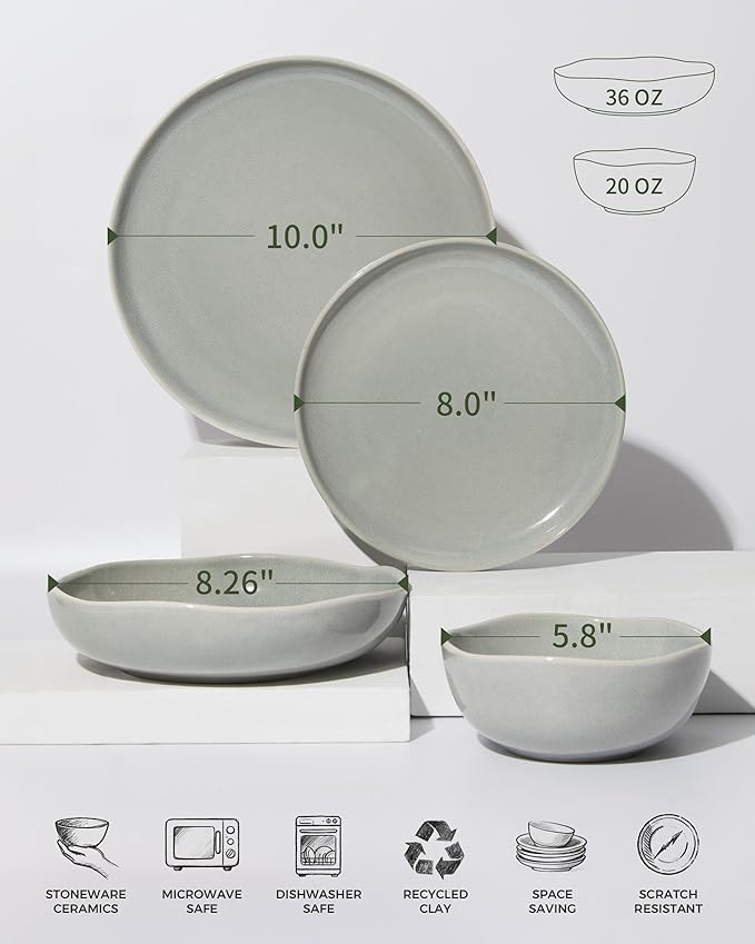 24 Pieces Dinnerware Set for 6 with Pasta Bowls, Complete Ceramic Dish Set, Stackable & Glossy Stoneware Plate and Bowl Set for Effortless Everyday Hosting, Gray Green