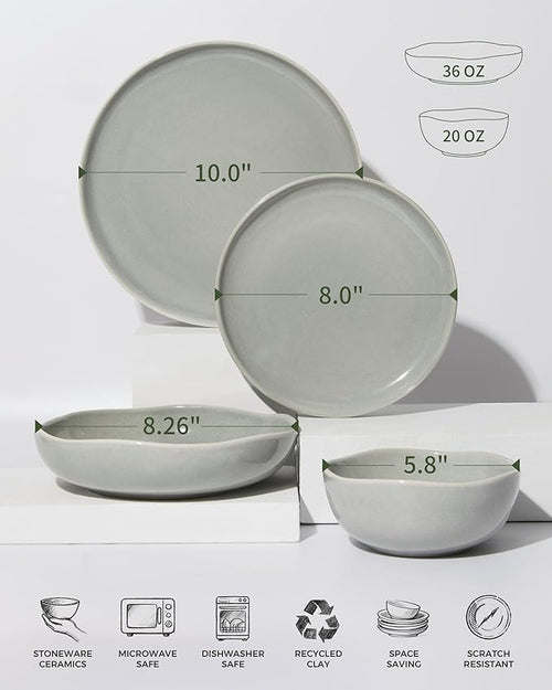 24 Pieces Dinnerware Set for 6 with Pasta Bowls, Complete Ceramic Dish Set, Stackable & Glossy Stoneware Plate and Bowl Set for Effortless Everyday Hosting, Gray Green