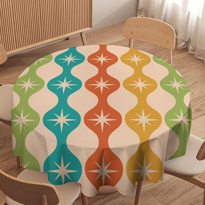 Mid Century Modern Round Tablecloth, Vintage Abstract Colorful Geometric Tablecloth for Home Party Dining Room Kitchen Decor 36Inch(90cm)