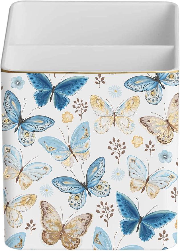 Pen Pencil Holder, Makeup Brush Holder,Ceramic Remote Control Holders Organizer with 2 Compartment Floral Multi-functional Office Organizers Storage Caddy Desk Tv Remote Holders Shiny Butterfly