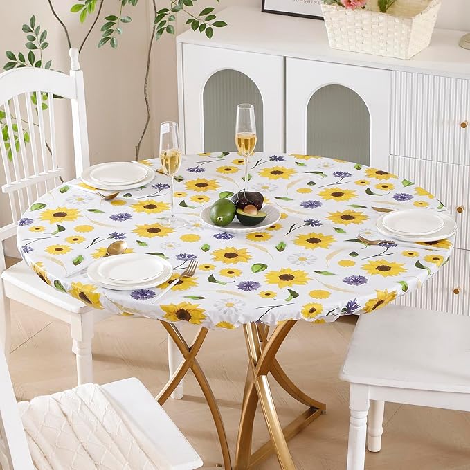 Walrus Round Vinyl Fitted Tablecloth with Flannel Backing Elastic Edge Design Table Cover Waterproof Oil-Proof PVC Table Cloth Stain-Resistant Best for 37"-44" Round