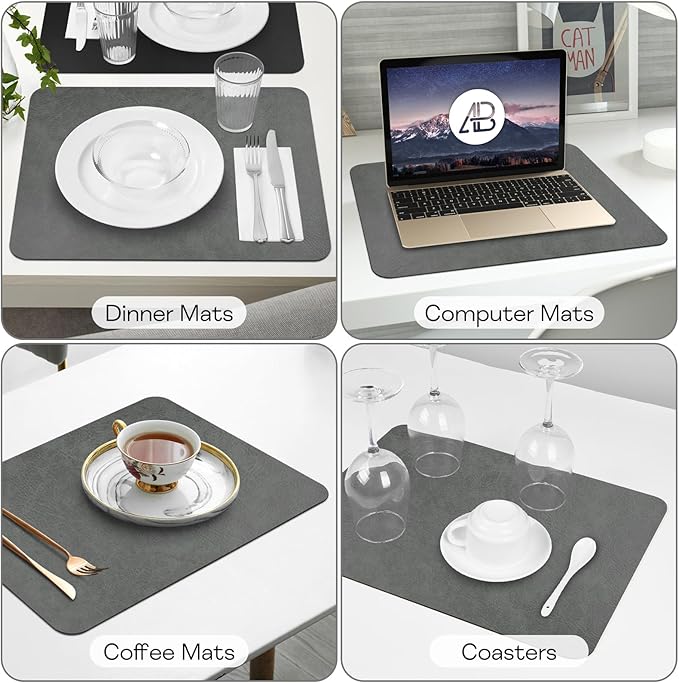 Faux Leather Placemats Set of 6, Vinyl Placemats Wipeable Waterproof Oil-Proof Table Mats, Heat Resistant Reversible Place Mats for Kitchen Indoor Outdoor, 15.8 x 11.8 inches (Grey/Black)