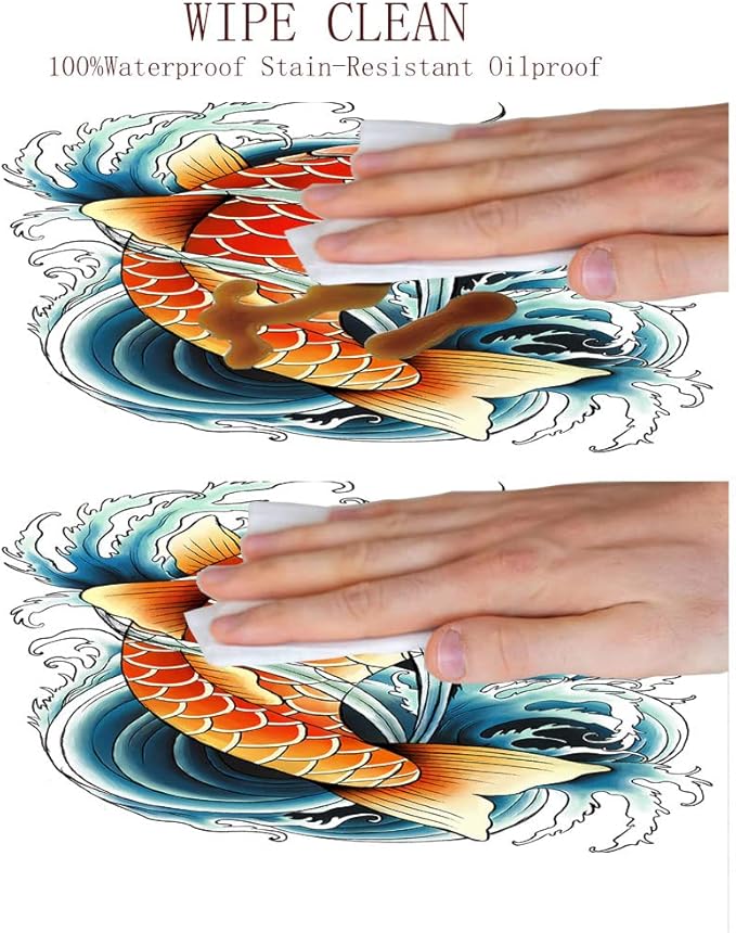 Elastic Tablecloth, Koi Fish Decorative Fabric Table Cover for, Tattoo Style Japanese Wave, Fit Round Tables 23inch Diameter, for Dining Room/Party/Banquet Decoration, Multicolor