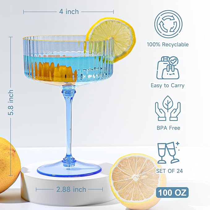 XUWAIDSGN 100 Pcs Champagne Martini Glasses 9 Oz with Gilded Removable Gold Rim Coupe Glasses Pink Martini Glasses Plastic Mimosa Vintage Coupe Glasses Set For Wedding Anniversary (100, Clear Blue)