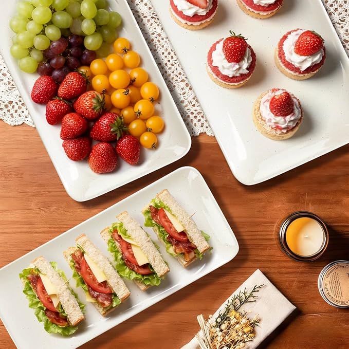 AmorArc Ceramic Serving Platter,Rectangular 16"/14.3"/12.6" inch Serving Dishes for Party Entertaining,Stoneware Serving Trays forTurkey,Salad,Microwave&Dishwasher Safe-Set of 3-Light Beige