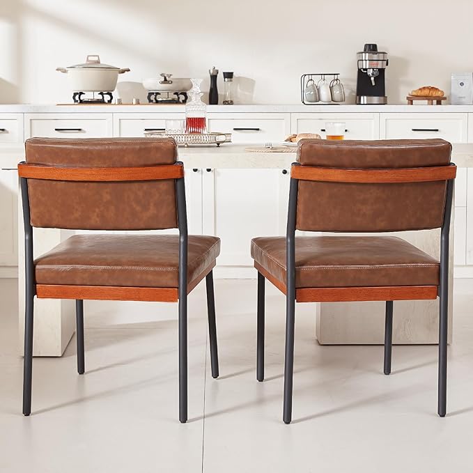 Modern Dining Chairs Set of 2, Kitchen Chairs with Thick Cushions and Adjustable Foot Pads, Upholstered Faux Leather Dining Room Chairs with Sturdy Metal Legs,Coffee