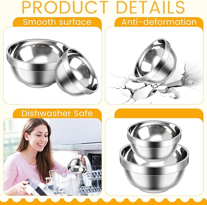 Mimorou 20 Pack 304 Stainless Steel Bowls Set 13oz 20oz Metal Double Walled Insulated Snack Mixing Lightweight Multipurpose Toddler Dinner Bowls for Ice Cream, Cereal, Snack