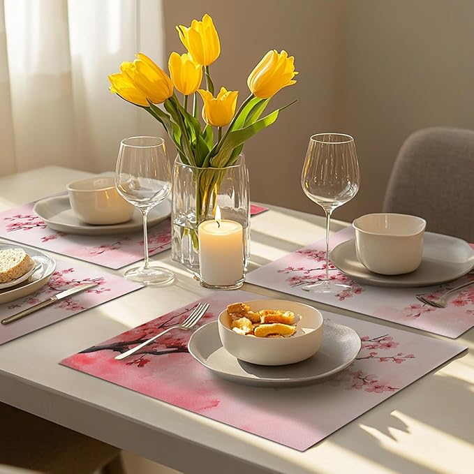 Japanese Cherry Blossom Placemats Set of 4, Pink Sakura Floral Place Mats, Flower Waterproof Washable Table Mats for Home Party Indoor Kitchen Dining Table Decoration 12x18 Inch