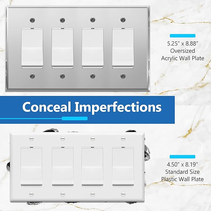 LIDER Reflective Acrylic Decorator Wall Plate, Mirrored Light Switch Plate, Plexiglass Outlet Cover, Acrylic Glass, Oversized 4-Gang 5.25" x 8.88", LWP-34O-ASV5P, Silver, 5 Pack