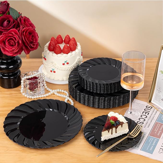 U-QE 60 Pcs Black Plastic Plates for Party – Black Plastic Disposable Heavy Duty – Include 30 10.25" Dinner & 30 7.25" Dessert Plate - Perfect for Parties, Weddings